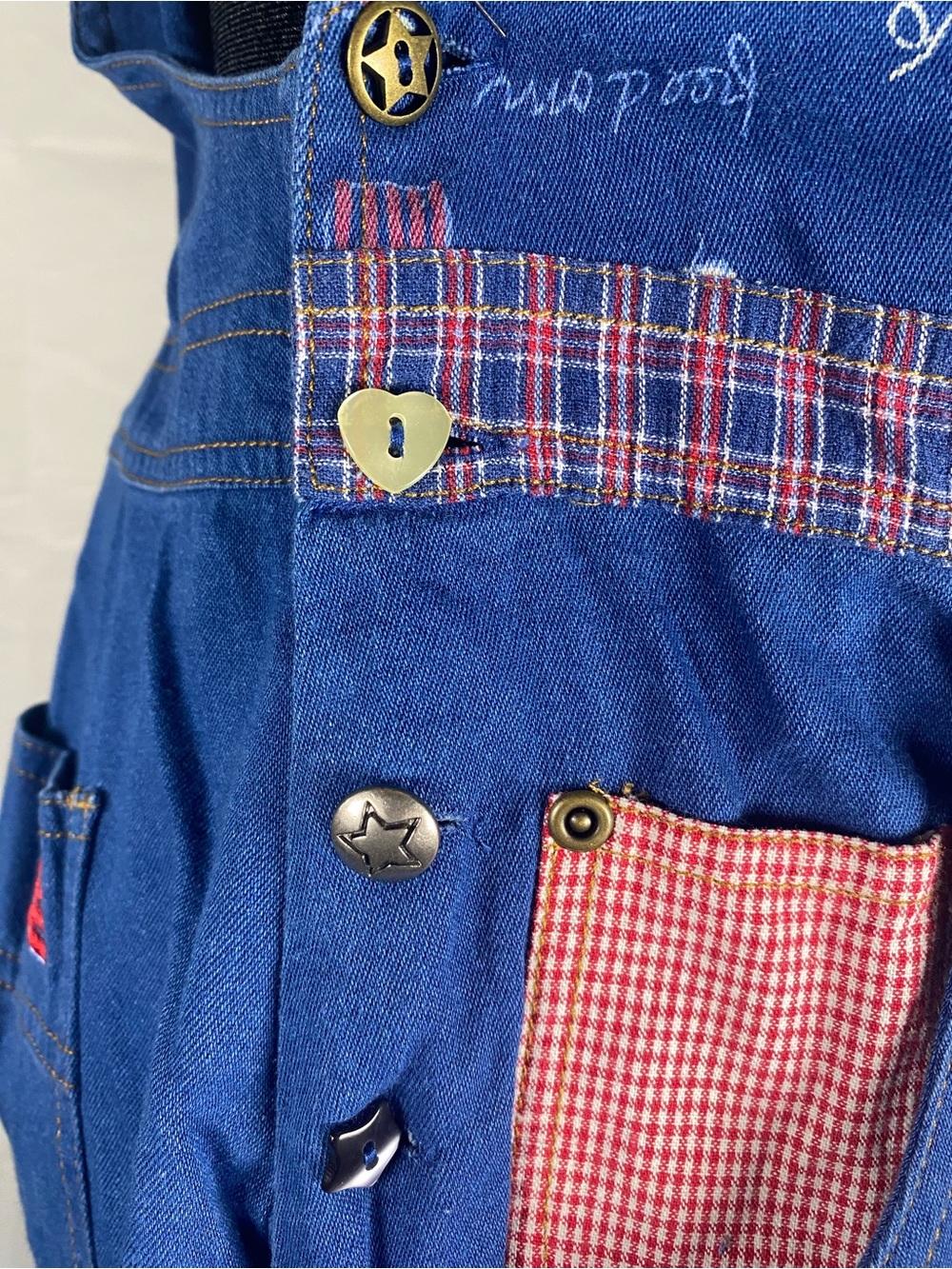 Koret Blue Denim Women's Overalls with Red & White Plaid Trim - Picture 5 of 16